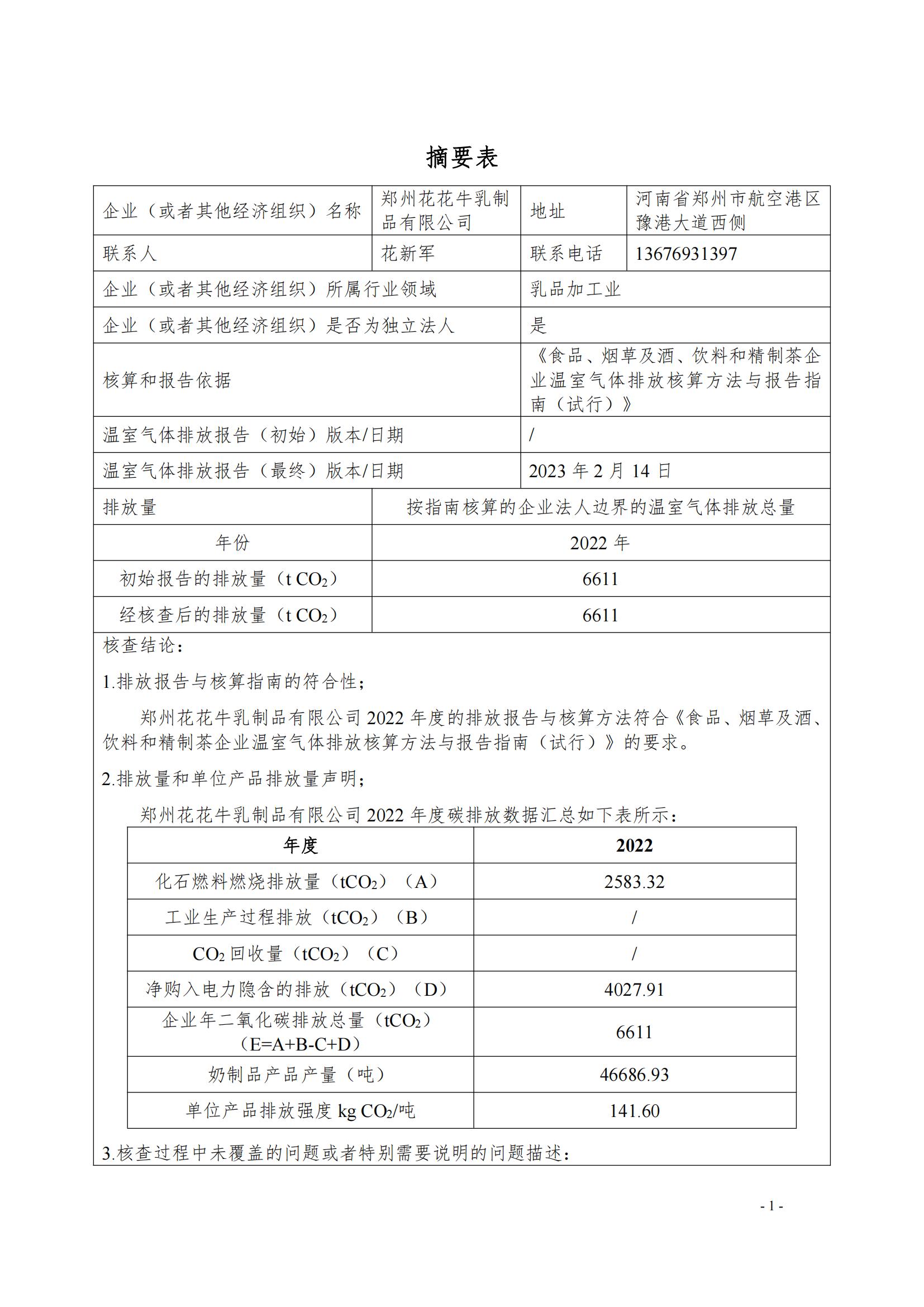 《郑州世界杯官方入口乳制品有限公司2022年度温室气体排放核查报告》公示
