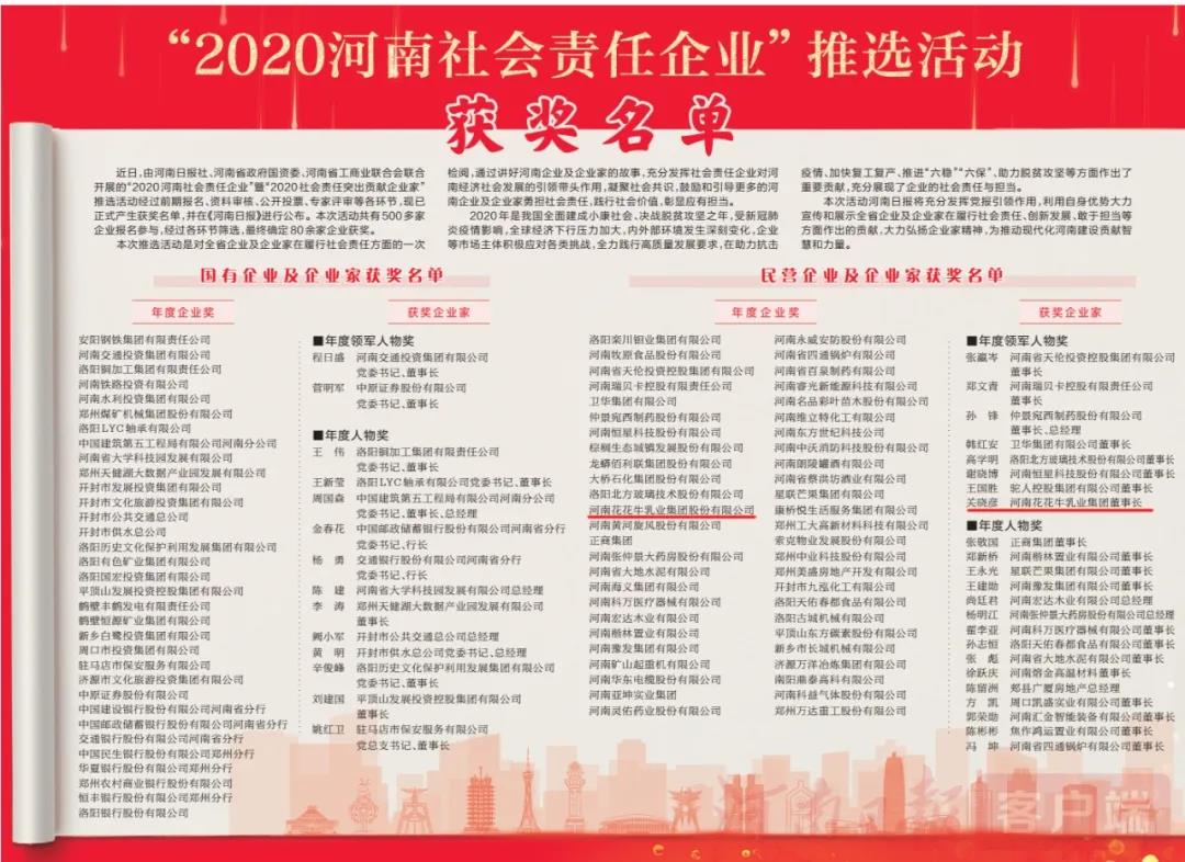 荣誉 | 世界杯官方入口乳业集团斩获“2020河南社会责任企业”推选活动两项大奖